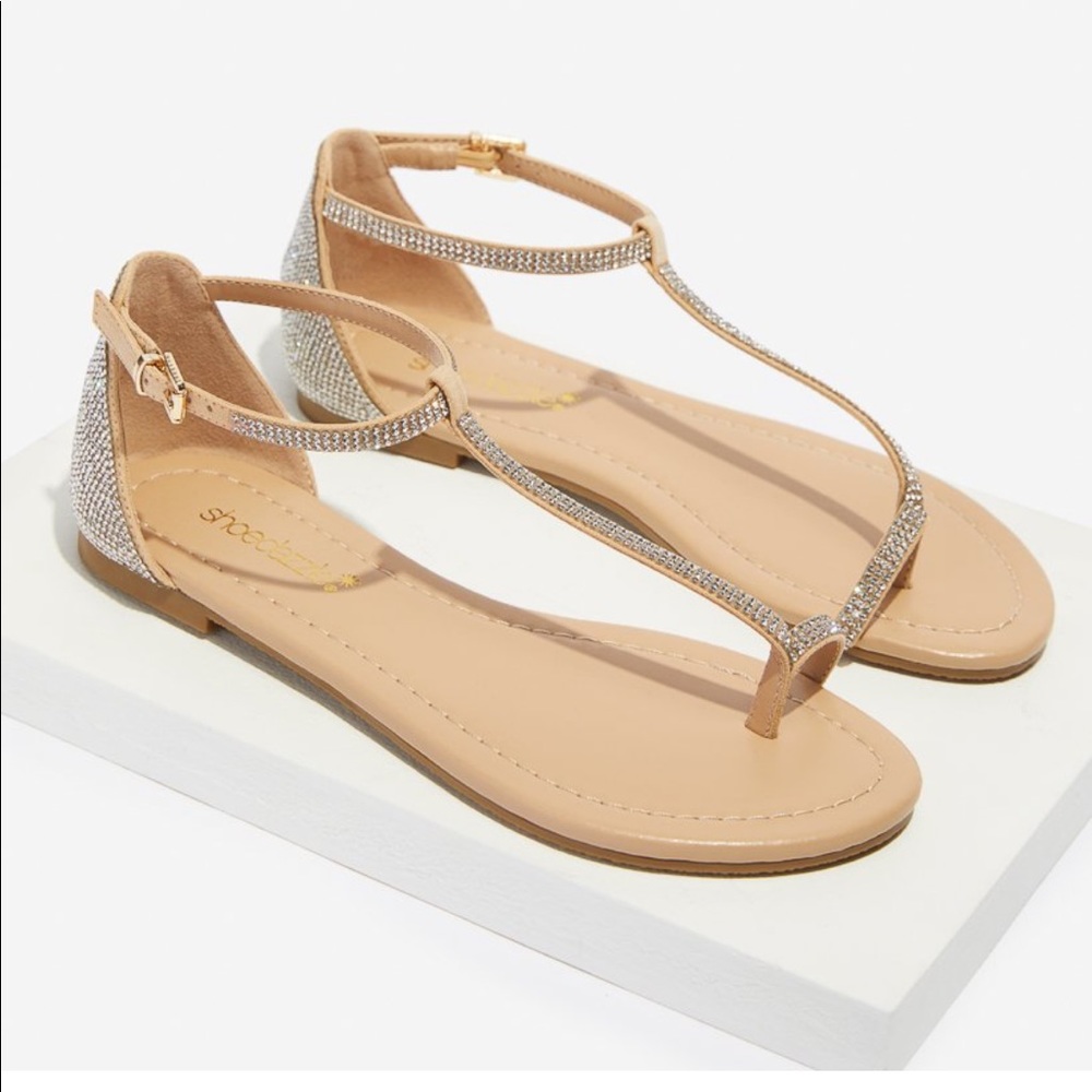 Shoe dazzle beige rhinestone sandals
